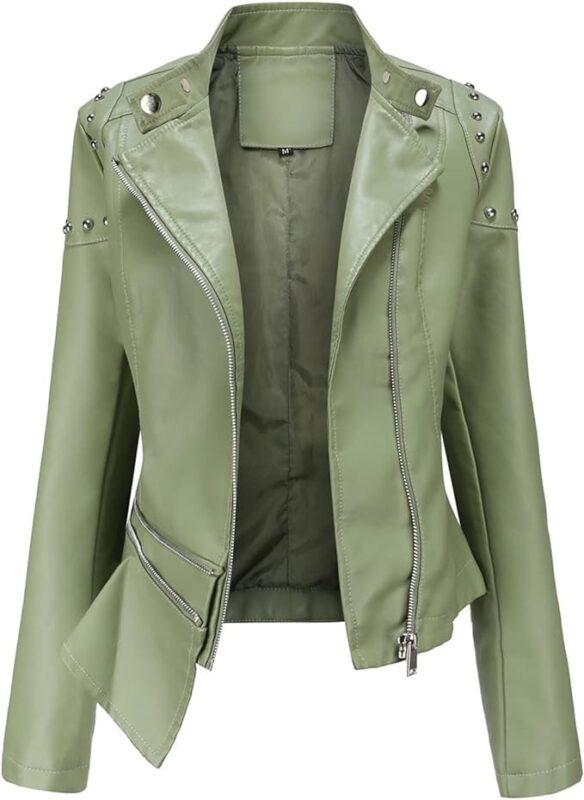 Green Color Leather Cropped Jacket