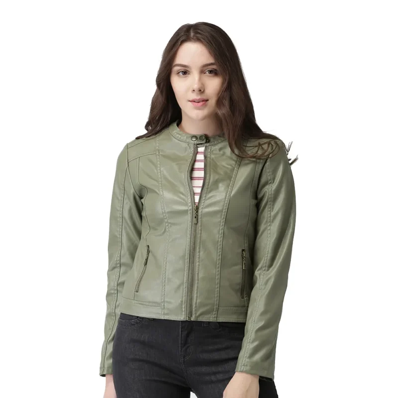 Green Color Leather Cropped Jacket