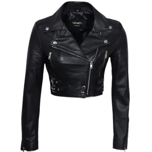 Women Chic Black Cropped Leather Jacket